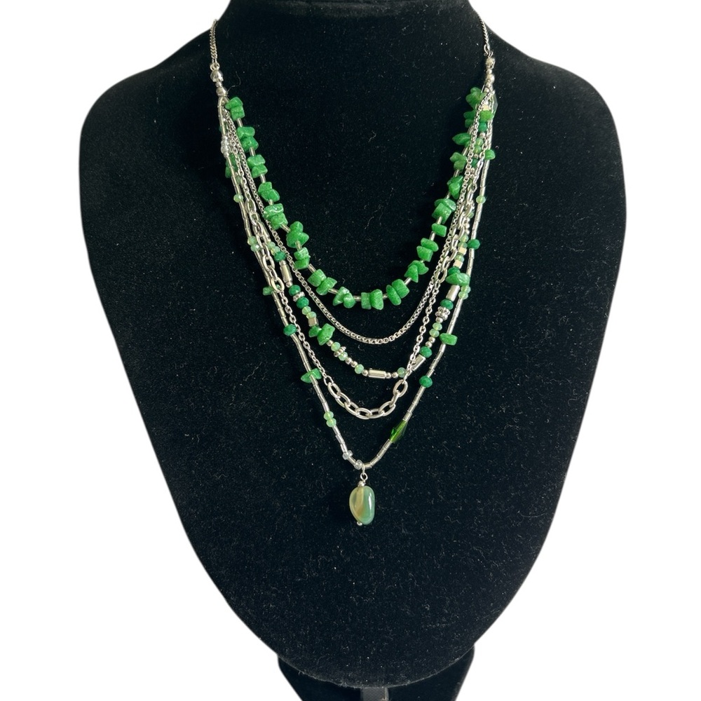 Free People Aurelia Jade Green Stone Silver Tone And Charms Layered Necklace
